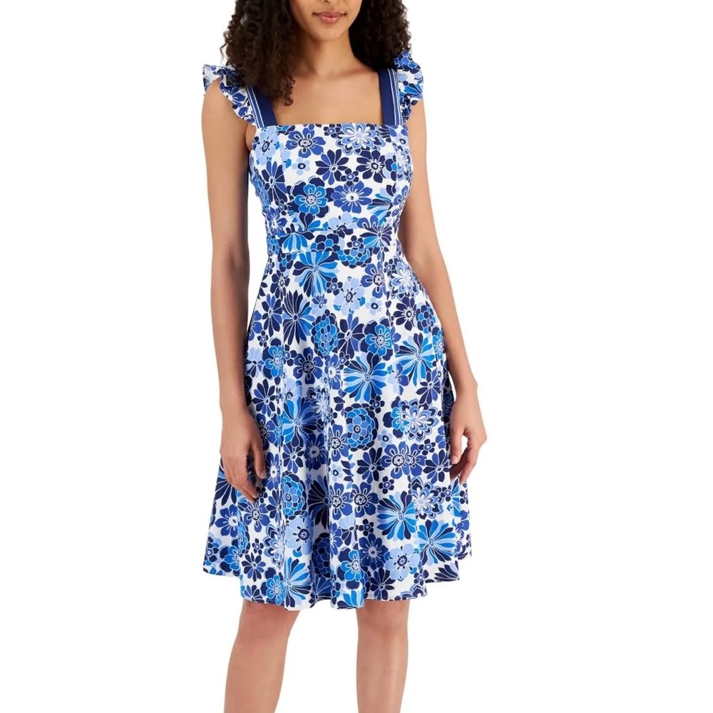 Tahari ASL Floral Blue and White Midi Dress - Size 10 NWOT
